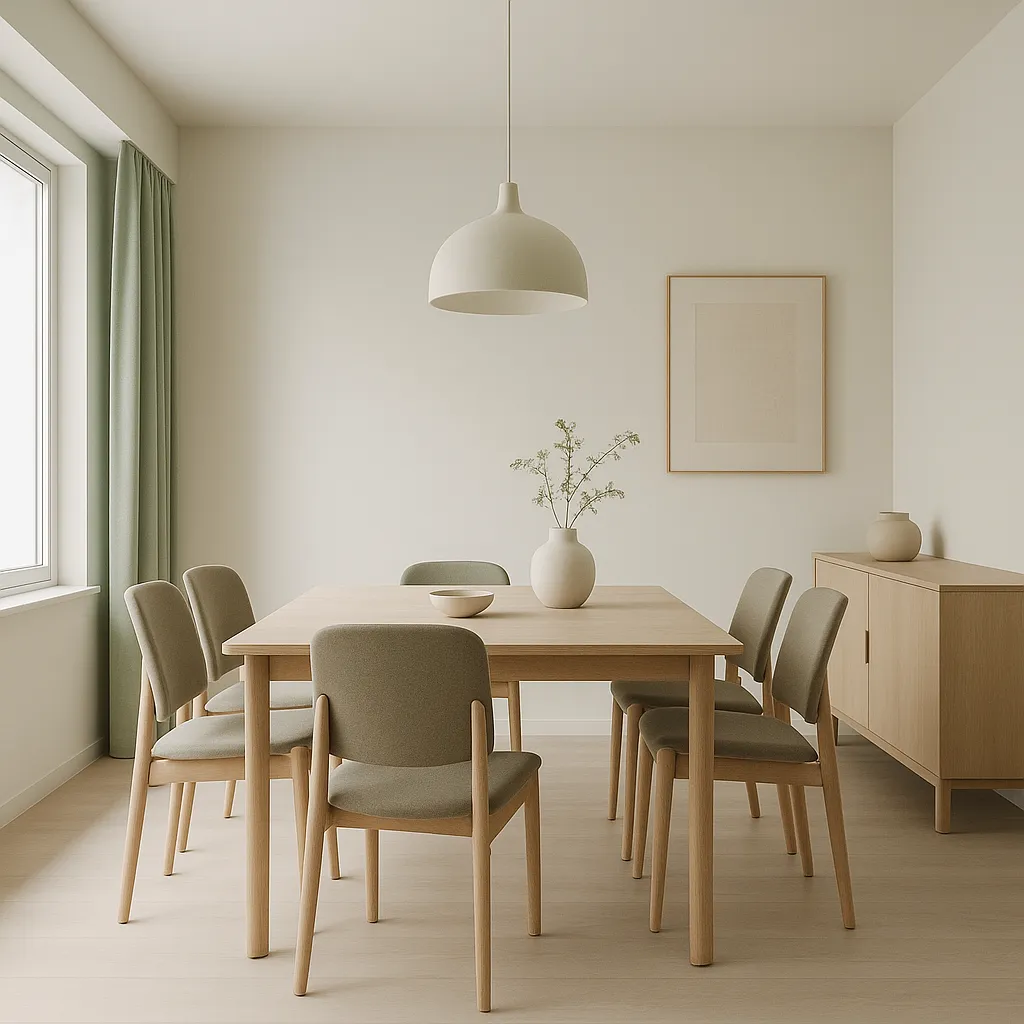 Comedor minimalista con mesa de madera clara, seis sillas tapizadas, lámpara colgante y aparador de madera