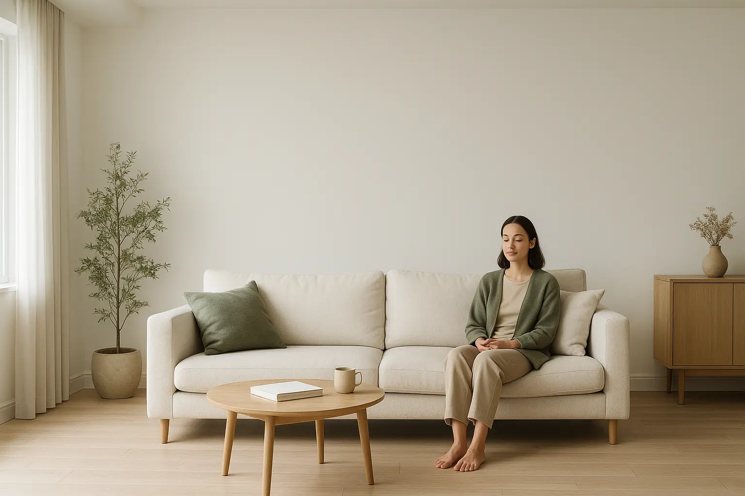 Hogar minimalista con sala en tonos arena y madera, sofá claro, mesa baja ligera y cortinas de lino