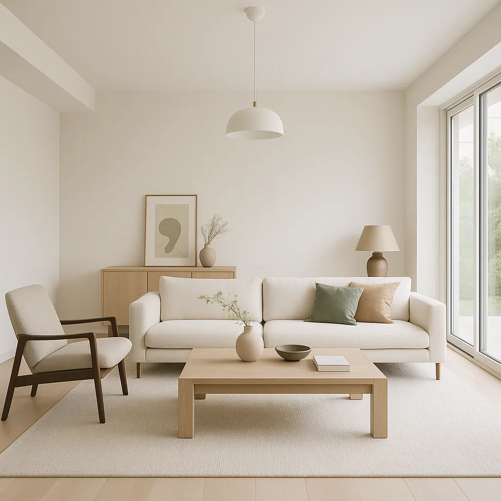 Sala minimalista con sofá claro, mesa de centro cuadrada de madera clara, sillón y lámpara colgante