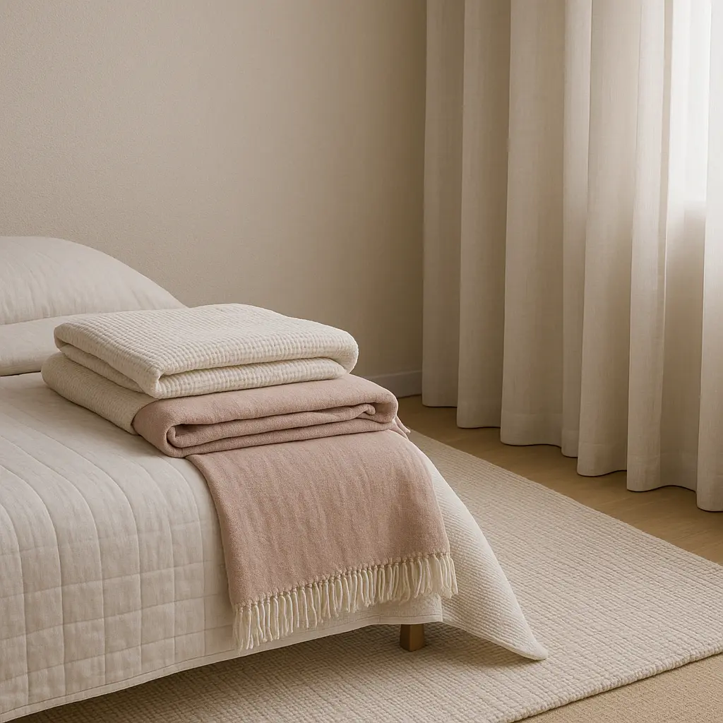 alfombras, edredones, mantas y cortinas para una habitación minimalista