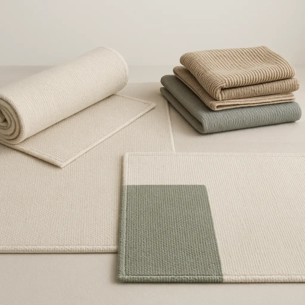 Alfombra grande bajo sofá y mesa; cojines de lino en tonos neutros.