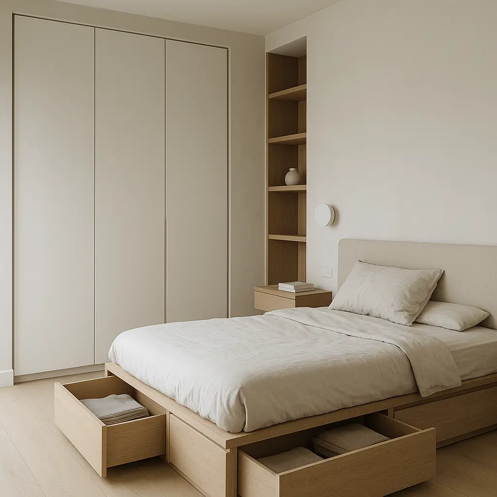 almacenamiento oculto y cama con cajones en dormitorio minimalista