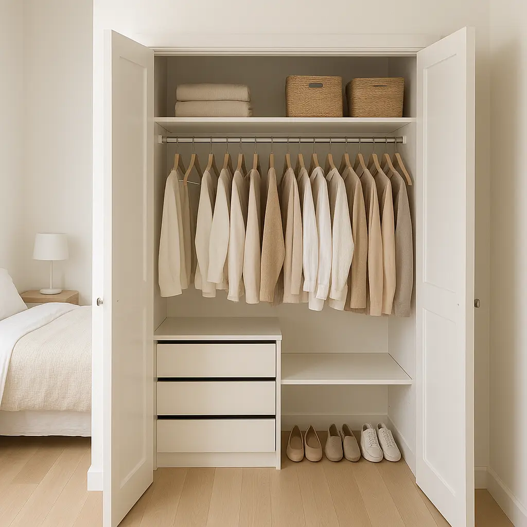 armario organizado, almacenaje oculto para cuarto minimalista