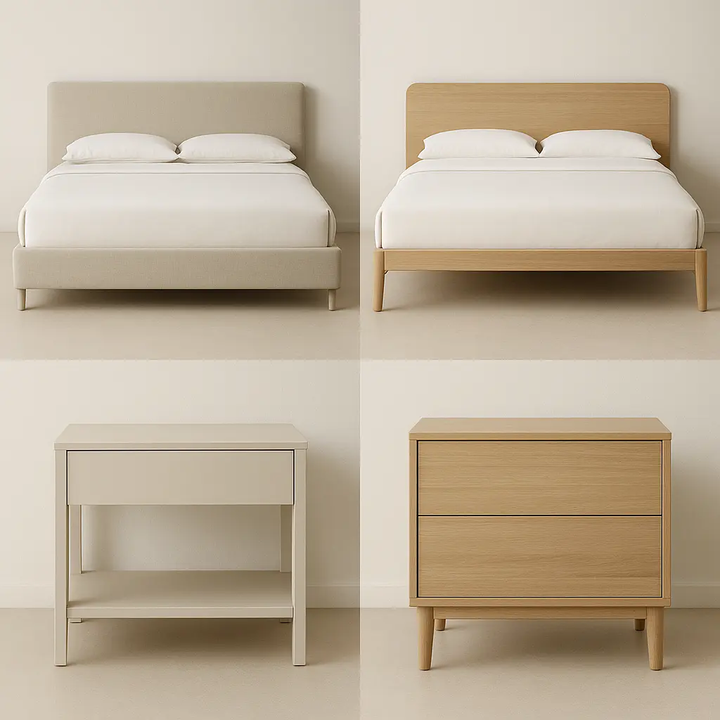 juegos de cama y mesas de noche minimalistas. Una gris y una madera clara