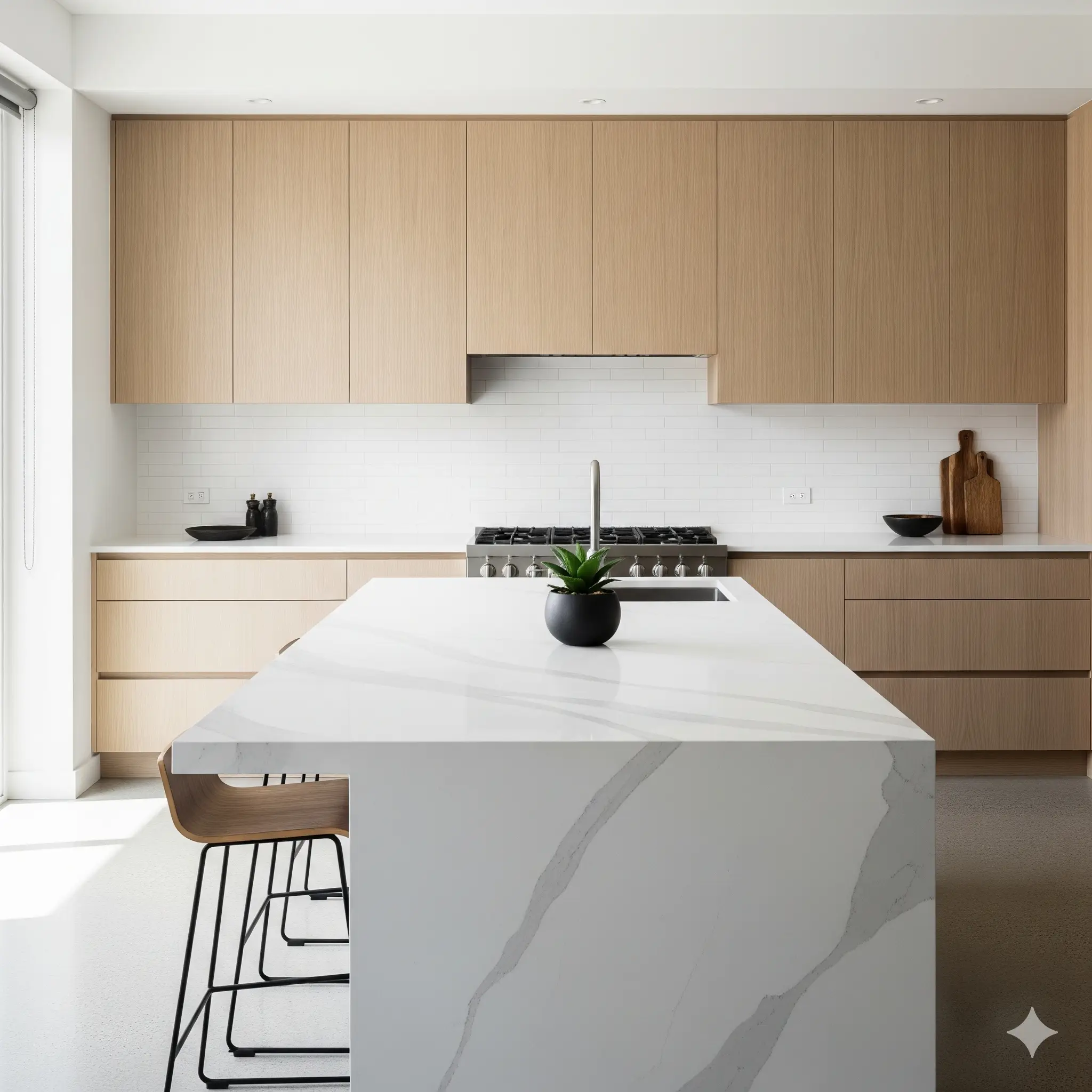 cocina moderna con isla blanca,  frentes lisos y gabinetes de madera