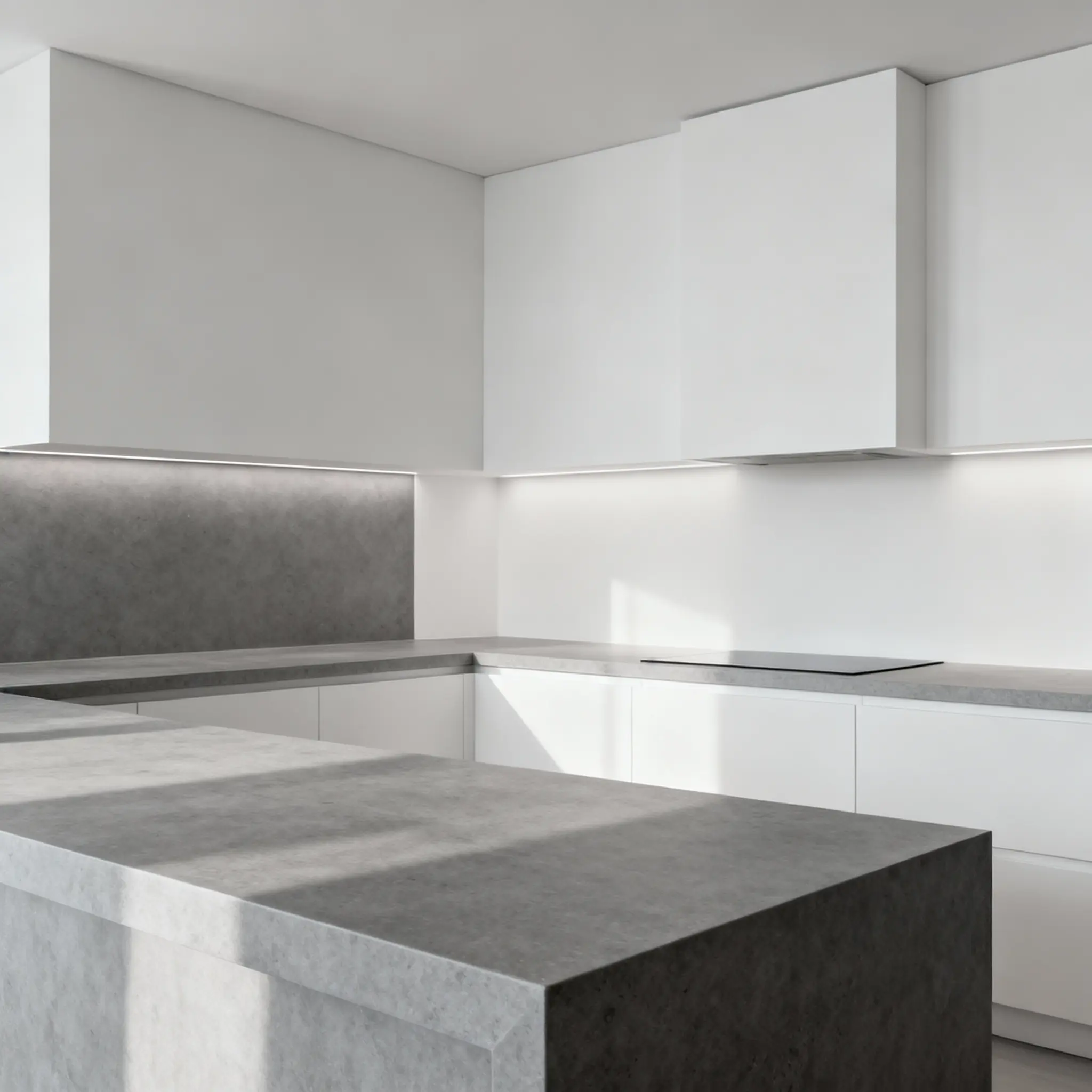 cocina con encimeras gris cemento y gabinetes blancos