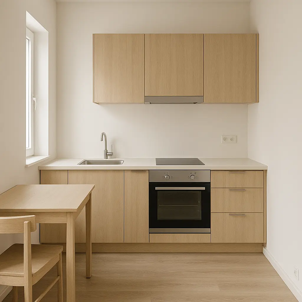 cocina pequeña con gabinetes de madera, encimera blanca  y mesa para dos