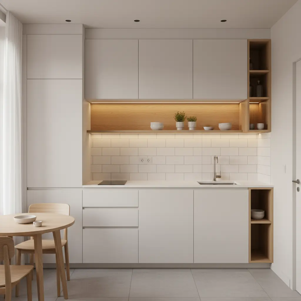 cocina pequeña con almacenamiento blanco y mesita de madera para dos