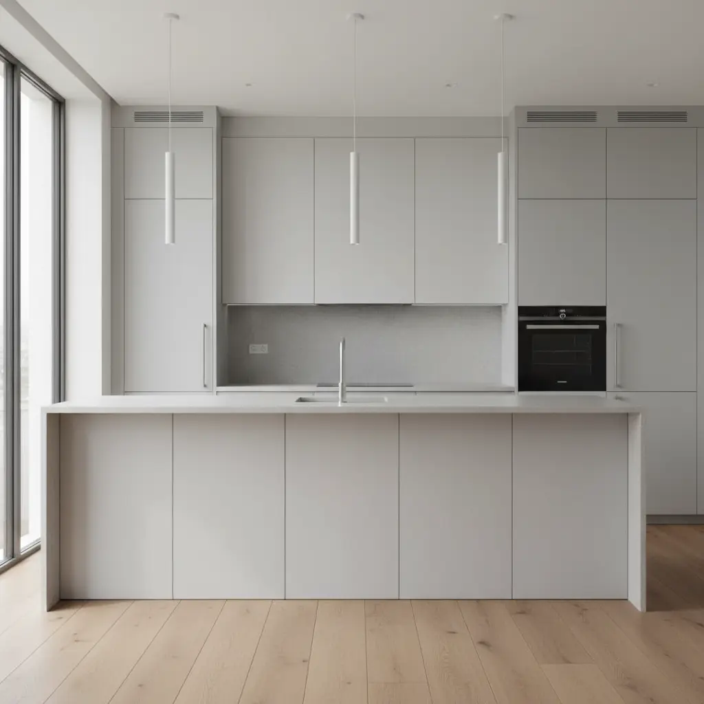 cocina moderna grande, todo gris claro, lámparas colgantes sobre la isla y ventanal