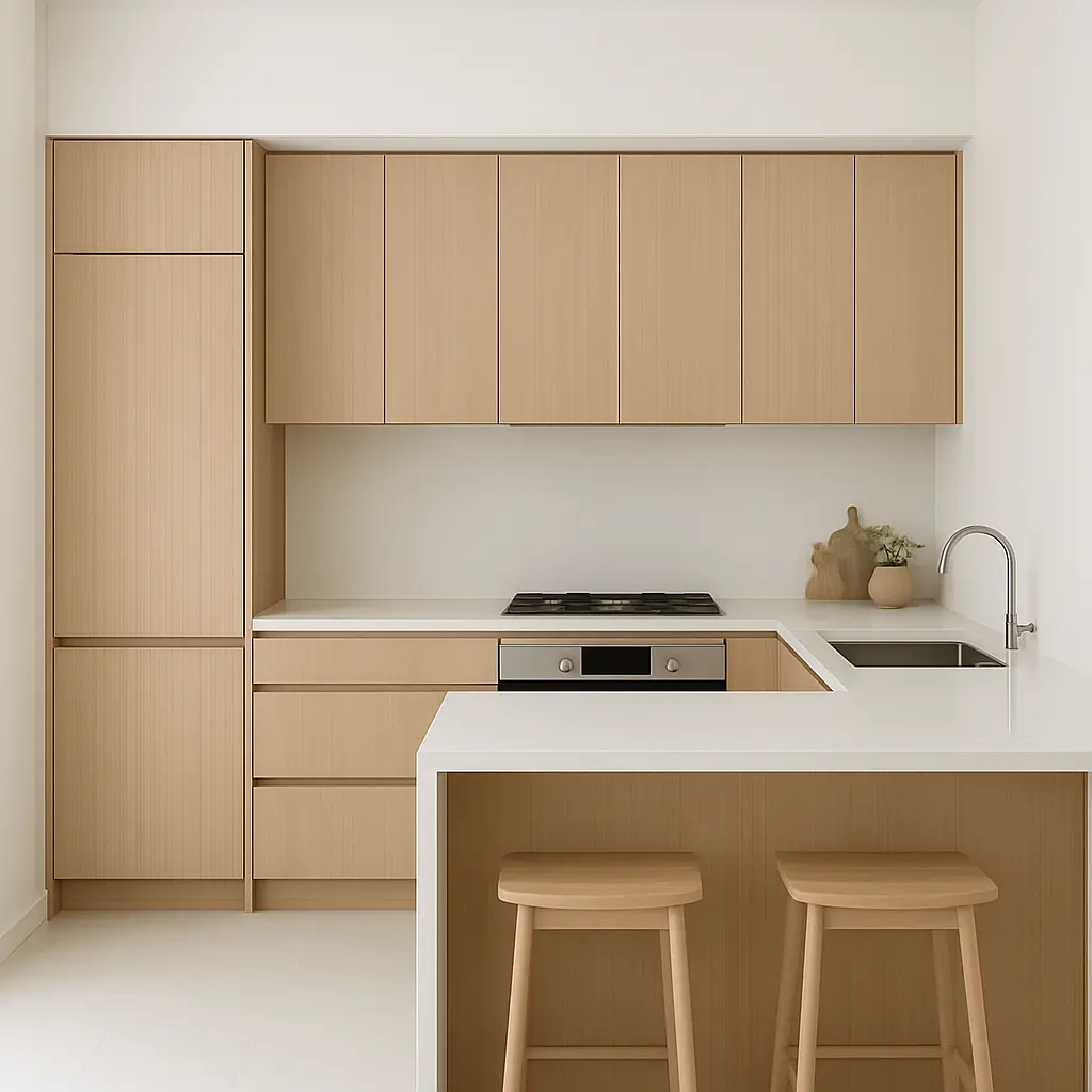 cocina minimal en forma de U, encimeras blancas y gabinetes de madera