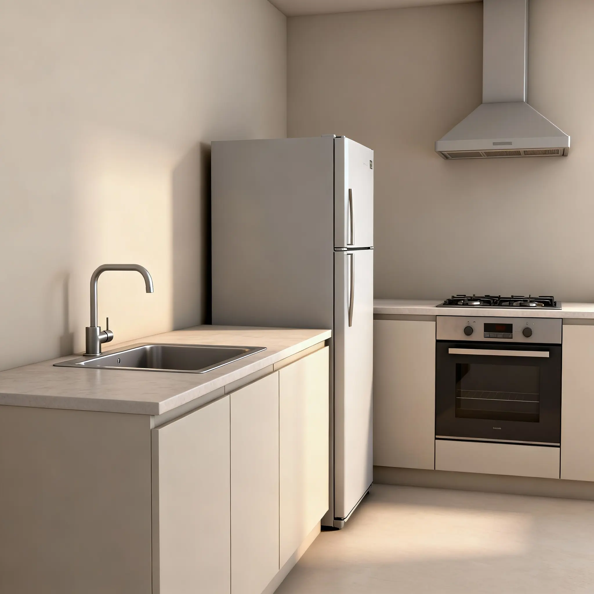 cocina sencilla en forma de L con campana extractora y colores claros