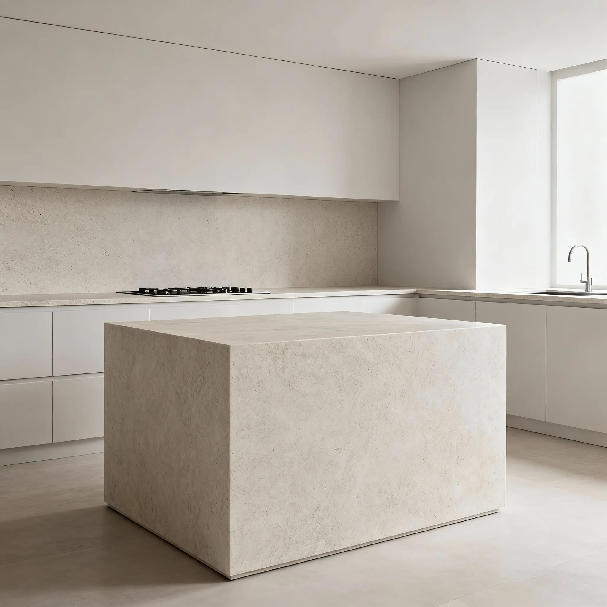 cocina con isla de piedra, tonos beige y blancos