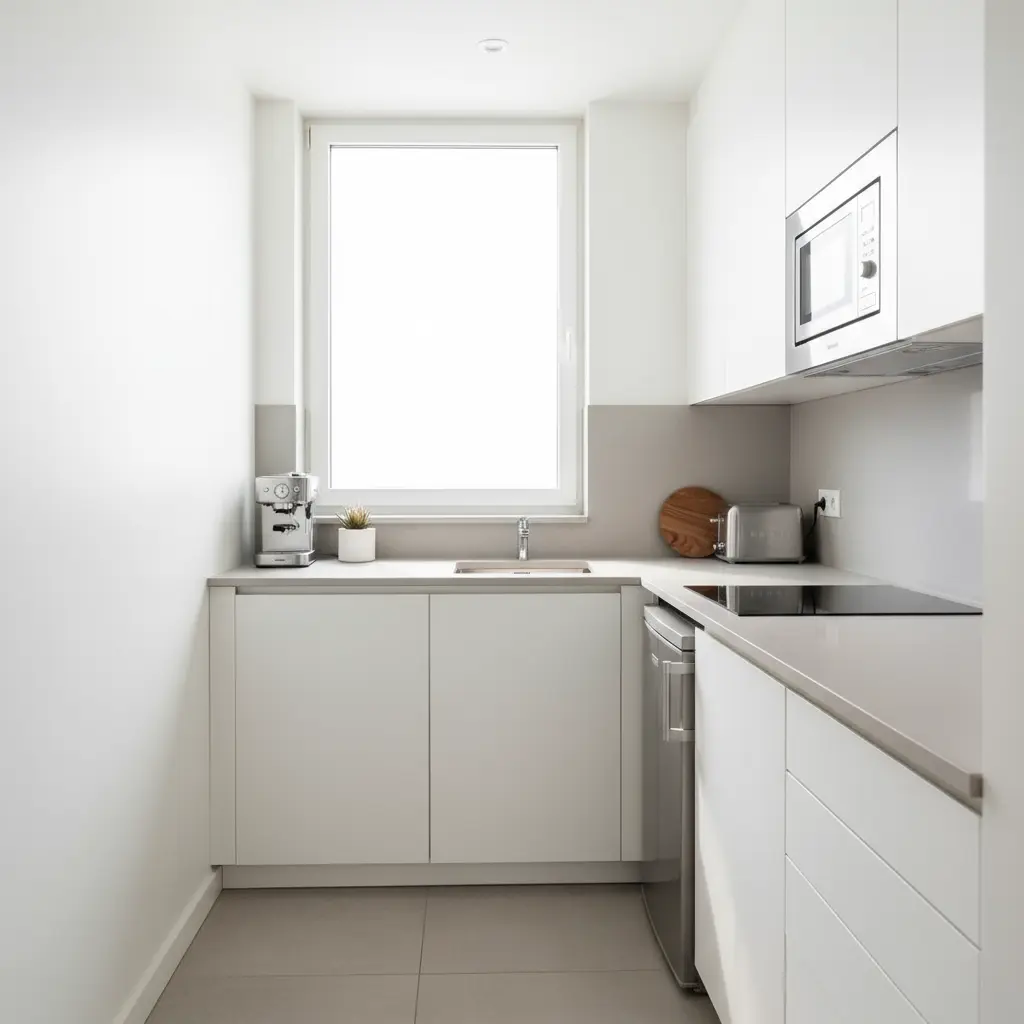 cocina muy pequeña, bien organizada y con colores claros