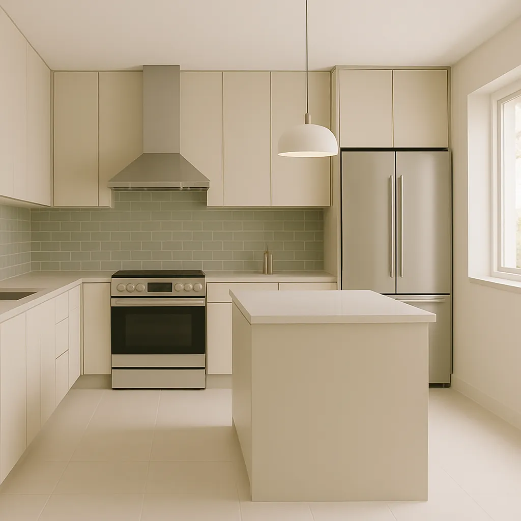 Cocina minimalista en L con isla central, gabinetes lisos sin tiradores, azulejos verde suave y lámpara colgante.