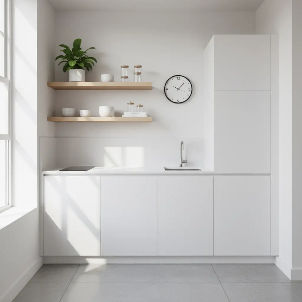 Cocina pequeña minimalista con gabinetes blancos