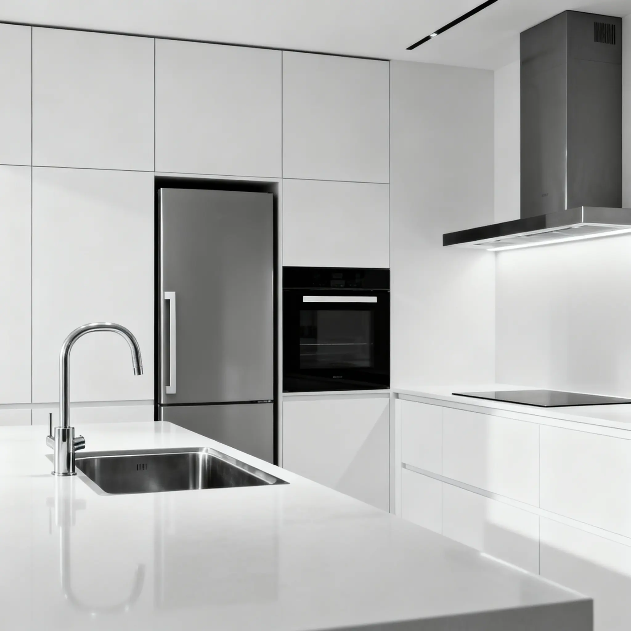 Encimeras y salpicaderos limpios en cocina minimalista