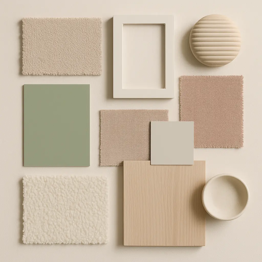 imagen de colores y materiales para una recámara minimalista, paleta neutra, maderas y fibras naturales