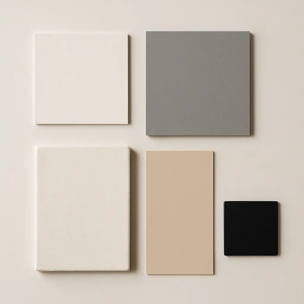 Paleta de colores, muestras, base neutra con acento suave.