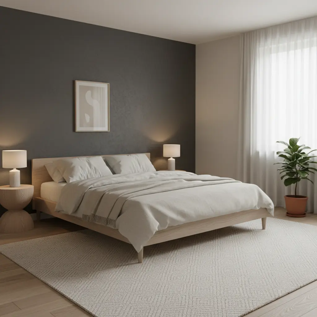 alfombra amplia en cuarto minimalista para lograr amplitud ante pared de fondo oscura