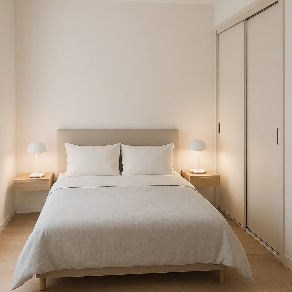 habitación pequeña con armario de puertas de corredera y cama proporcional