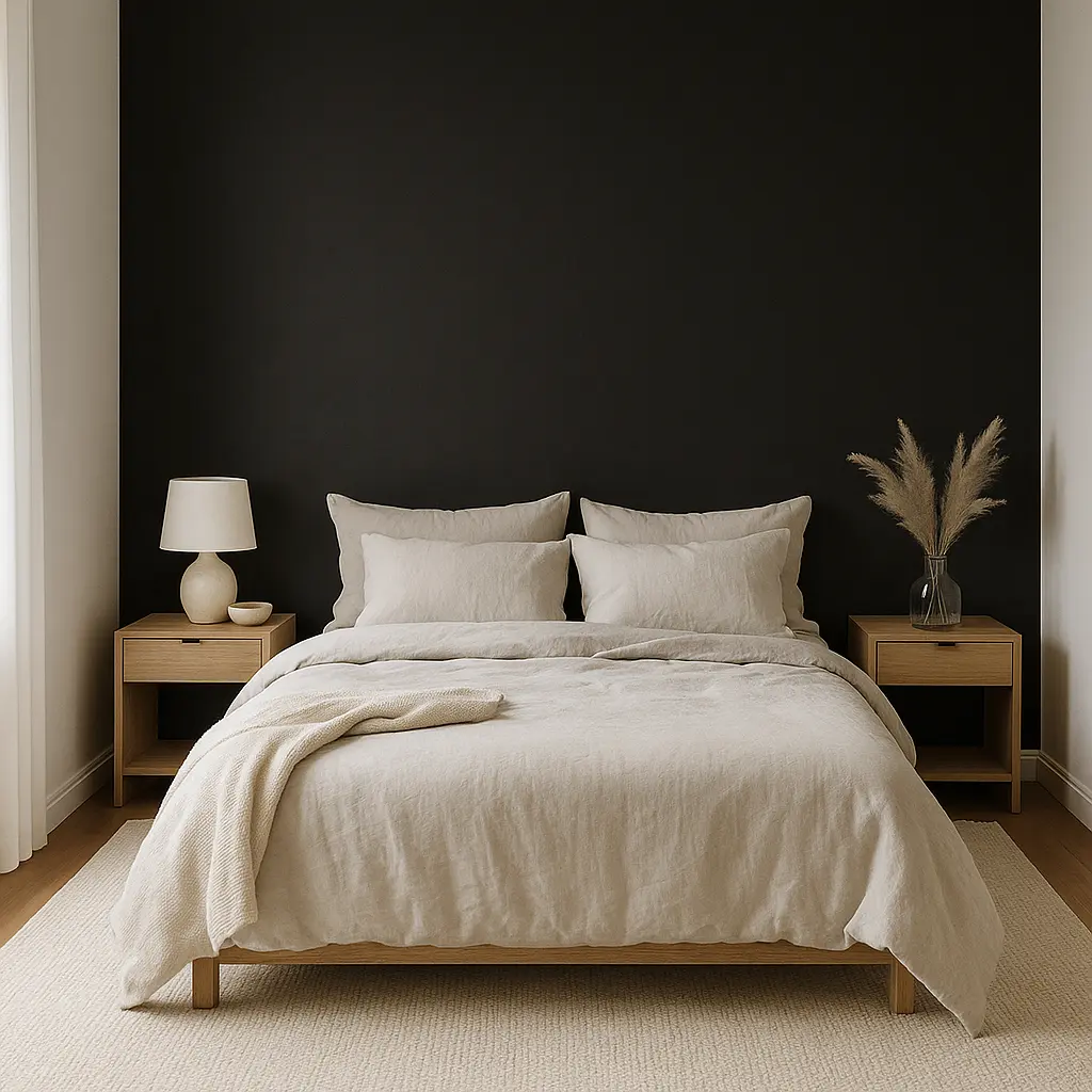 recámara minimalista lograda con pared de fondo oscura