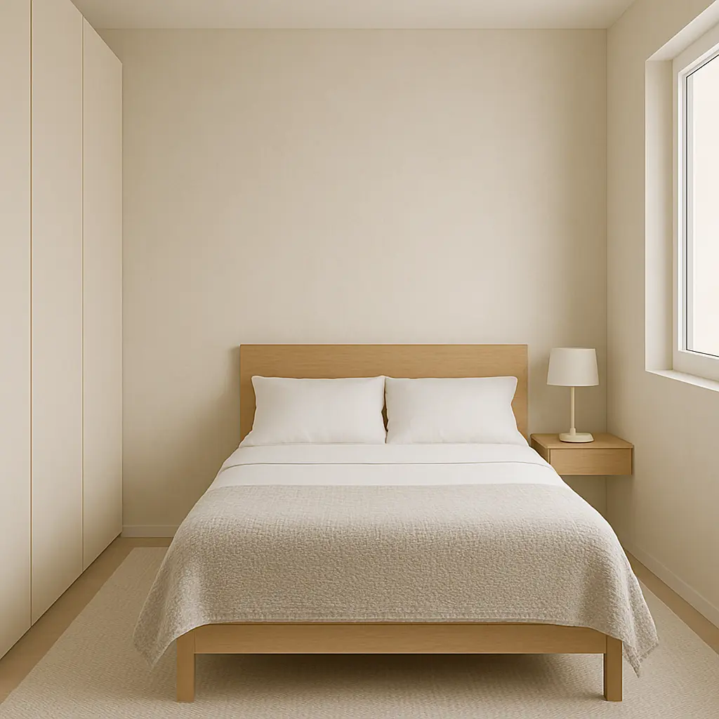 cuarto pequeño con cama de madera bien distribuido