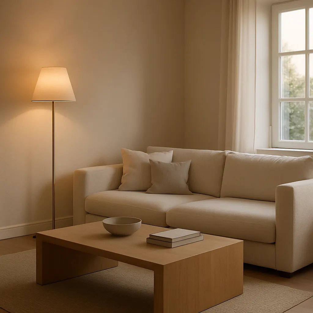 sala con lámpara de pie y luz natural, ambiente cálido en capas