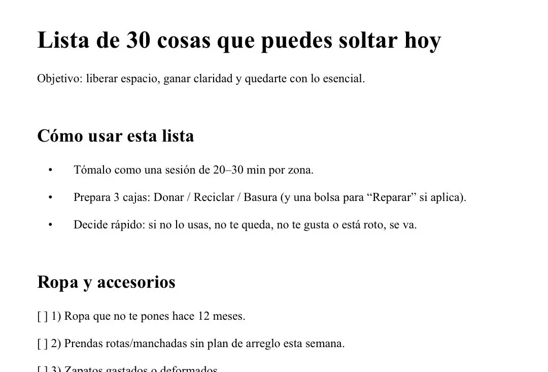Portada del PDF de la lista de 30 cosas que puedes soltar, previsualización.