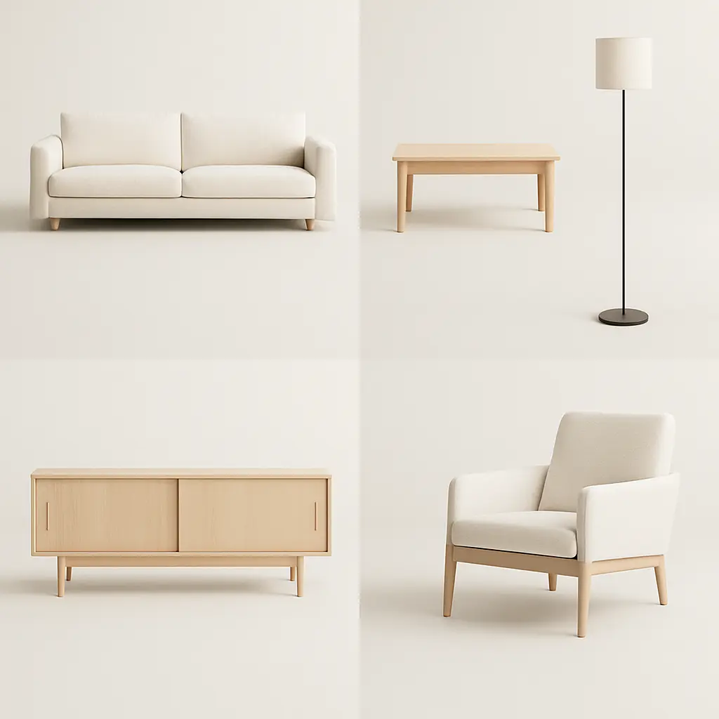 Sofá claro con mesa de centro de madera, mueble de TV, lámpara de pie y butaca ligera.