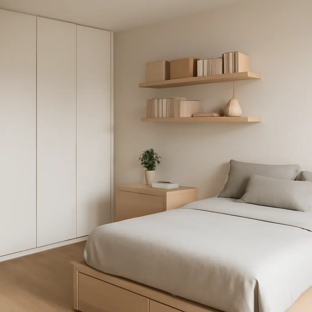 armario de puertas de corredera y cama con cajones de almacenamiento