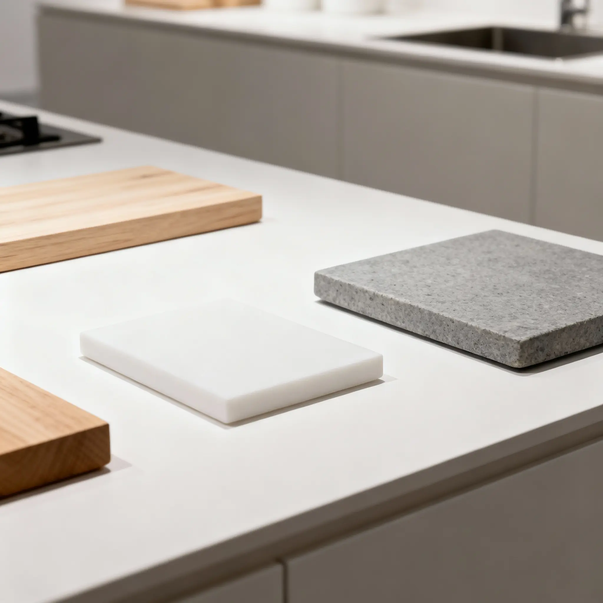 Paleta de colores y materiales para una cocina minimalista, cuarzo, granito, madera