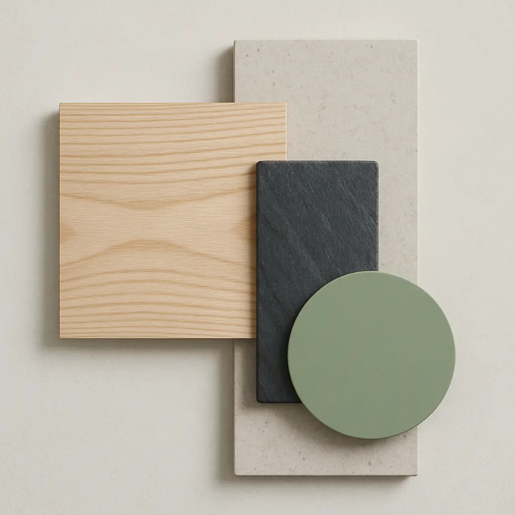 Muestras gris perla y fresno; acento grafito/salvia