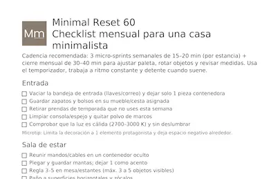 Portada del PDF "Checklist mensual minimalista - Minimal Reset 60"