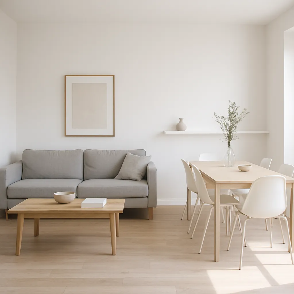 Sala–comedor integrado con mesa de madera y sillas simples.