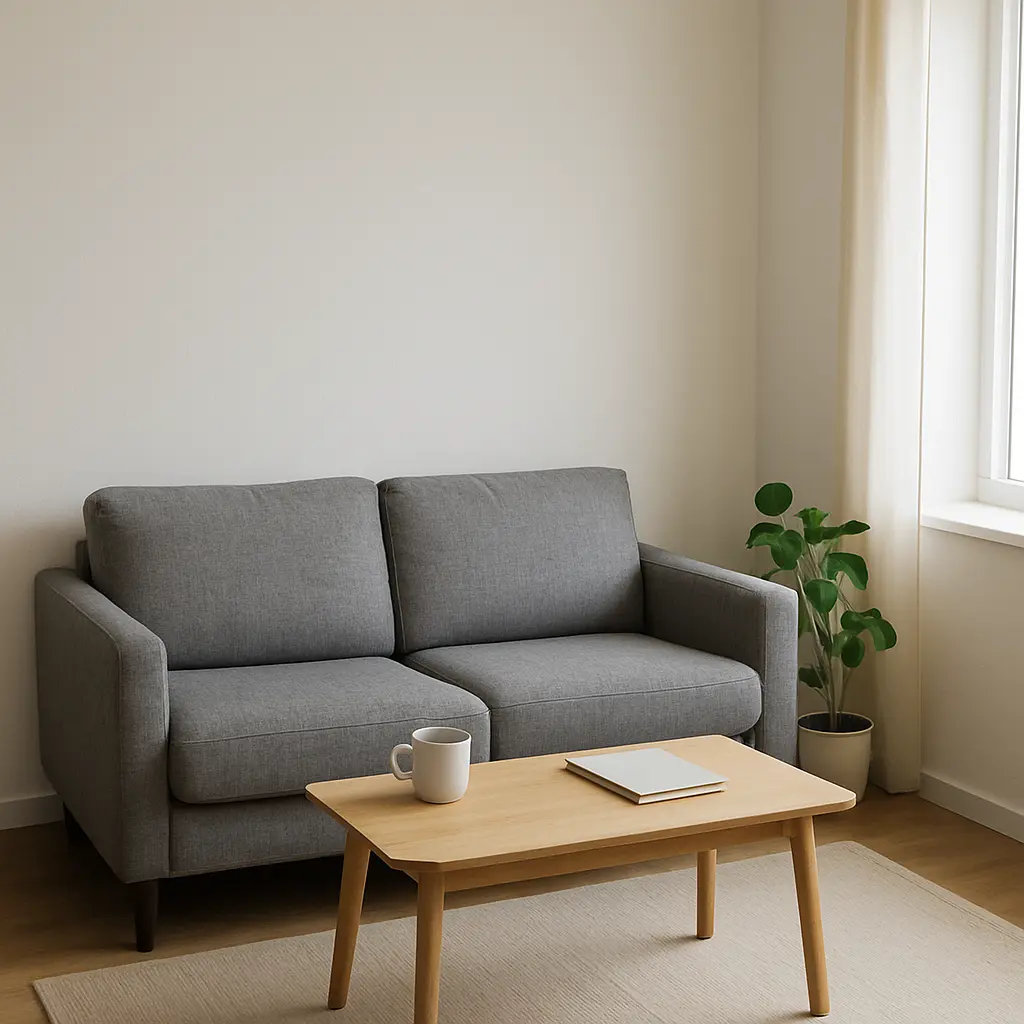 Sala pequeña con sofá de dos plazas, mesa baja de madera y colores claros.