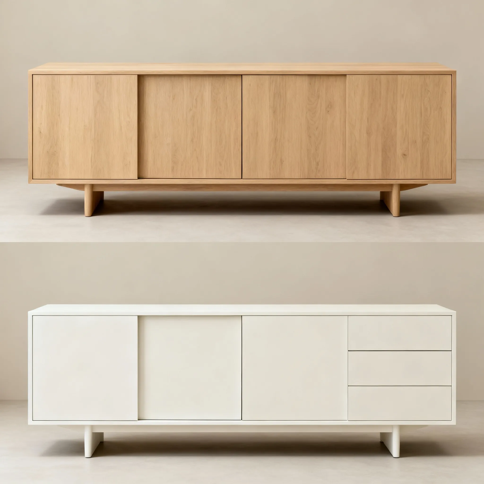 Dos modelos de aparador minimalista para comedor, uno de madera clara y otro blanco