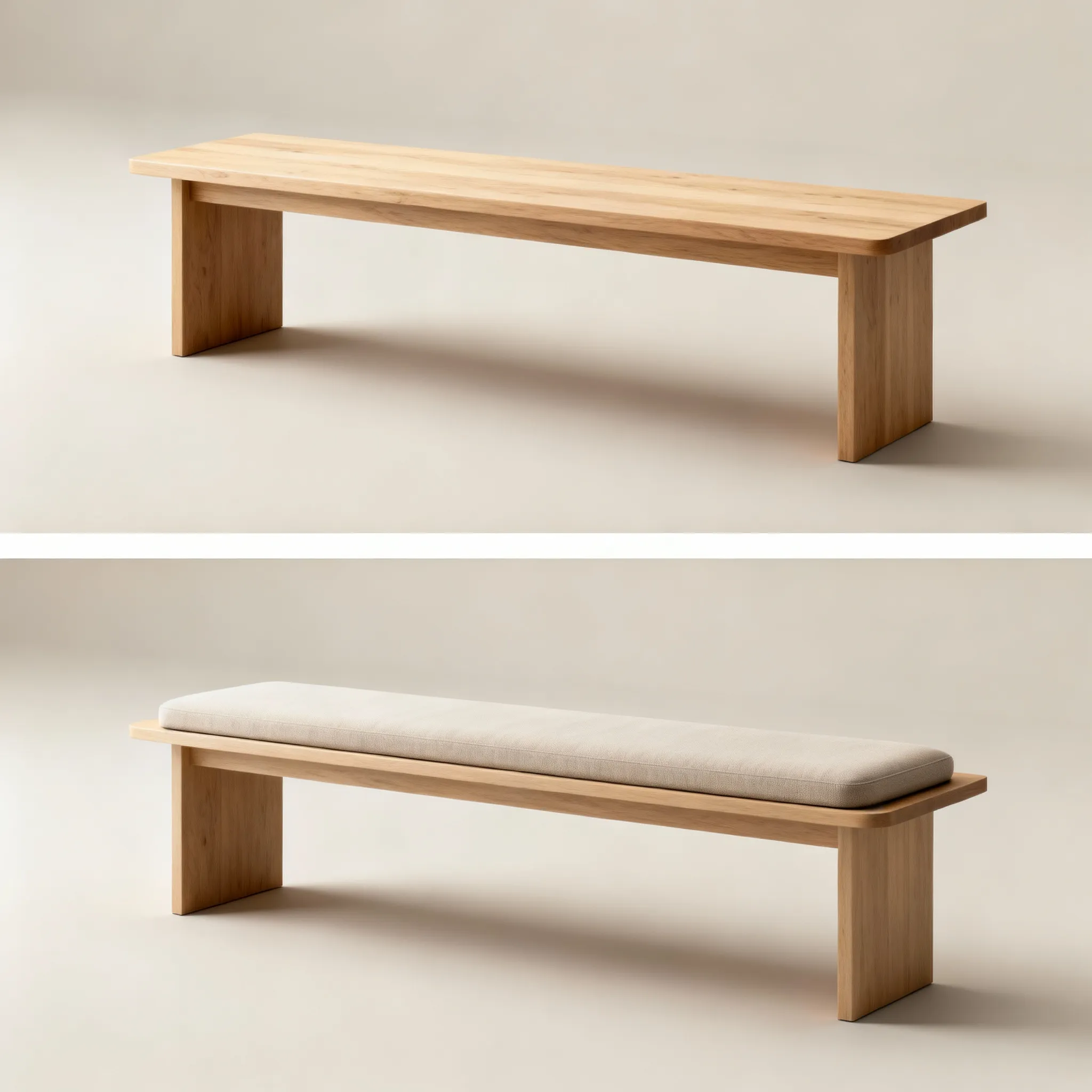 Ejemplos de dos bancos minimalistas para mesa de comedor, ambos de madera clara, uno completo en madera y el otro tapizado