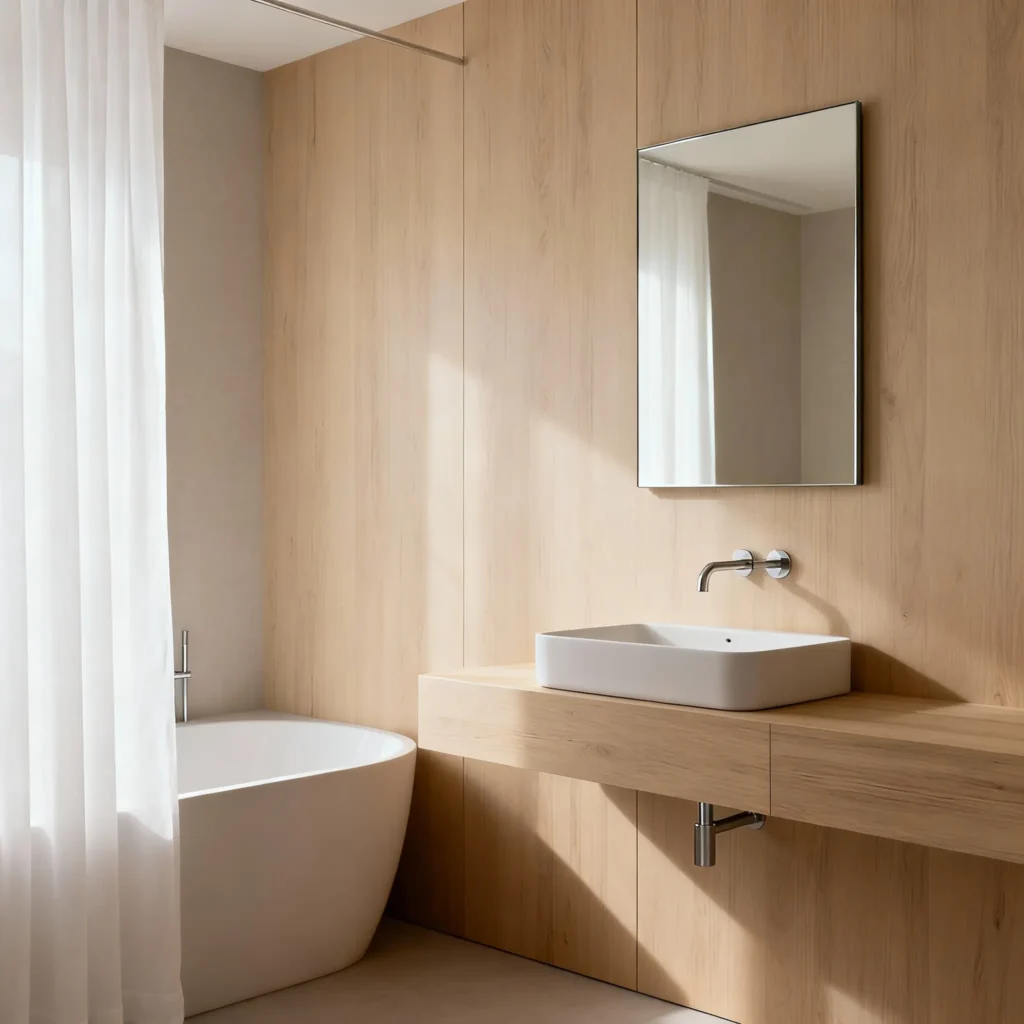 imagen de baño estilo minimalista, bañera con cortina, pared de madera de fondo y mueble de lavabo aéreo.