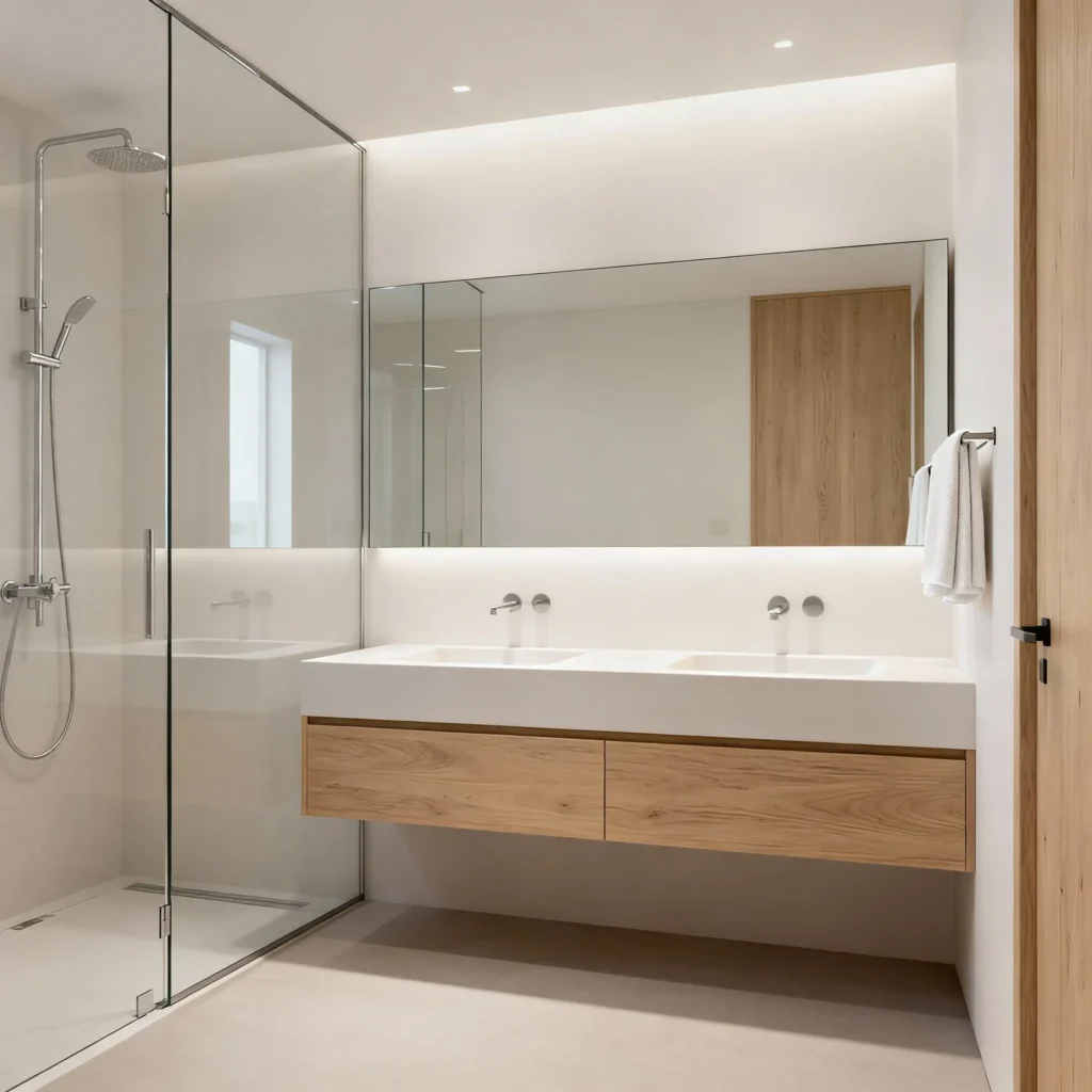 hermoso baño minimalista, con mampara de cristal, doble lavabo y mueble aéreo