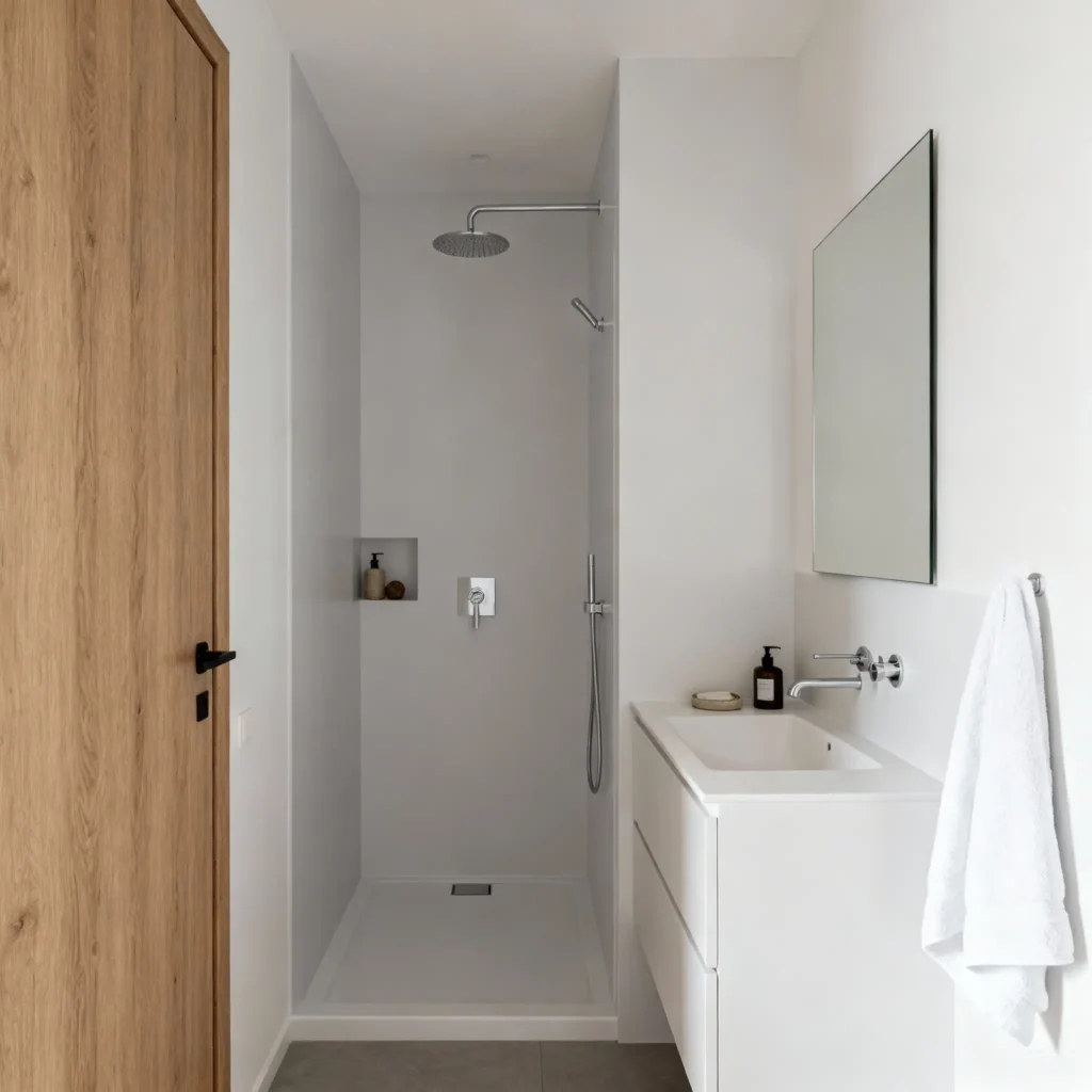 baño estrecho, decorado con minimalismo, uso de blanco y madera. Ducha pequeña.