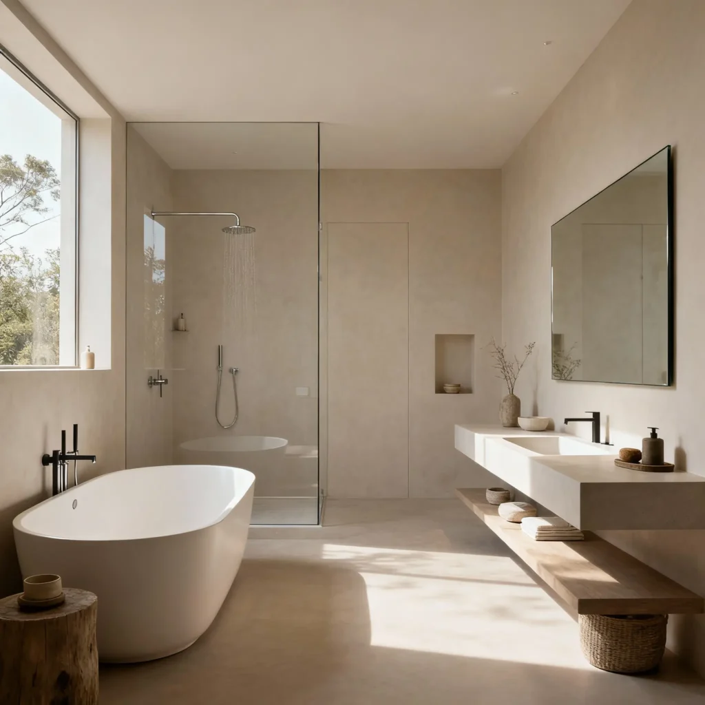 baño amplio, con ducha y también bañera, meseta del lavabo alargada, y colores neutros