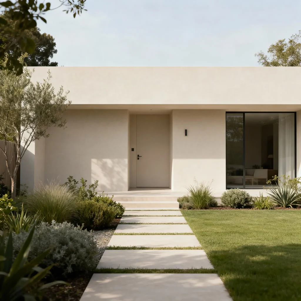 entrada y jardín delantero limpio y organizado, plantas y más elementos naturales en la decoración