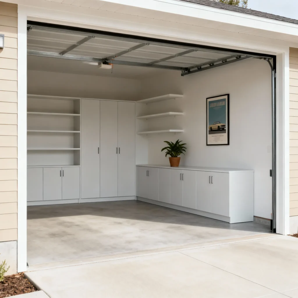 Garaje con mueble de organización y almacenamiento, módulo con gabinetes y monturas aéreas