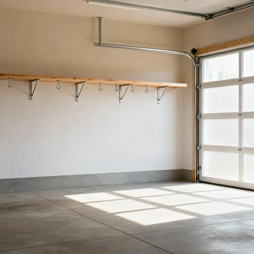 Garaje espacioso y despejado con mueble aéreo para organizar y ganchos para colgar herramientas