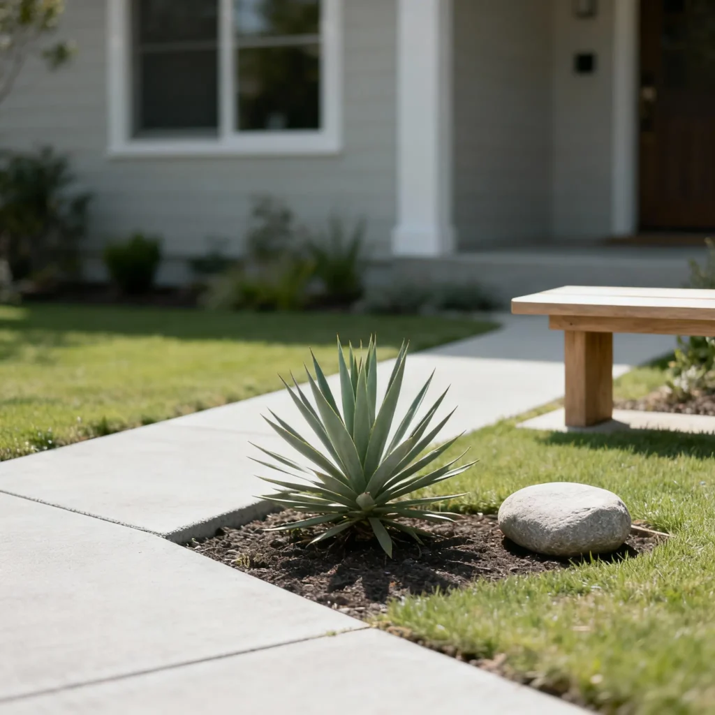 exterior de casa con minimalismo, entrada con paso de cemento, plantas alrededor, césped bien cortado y banco para sentarse a relajar