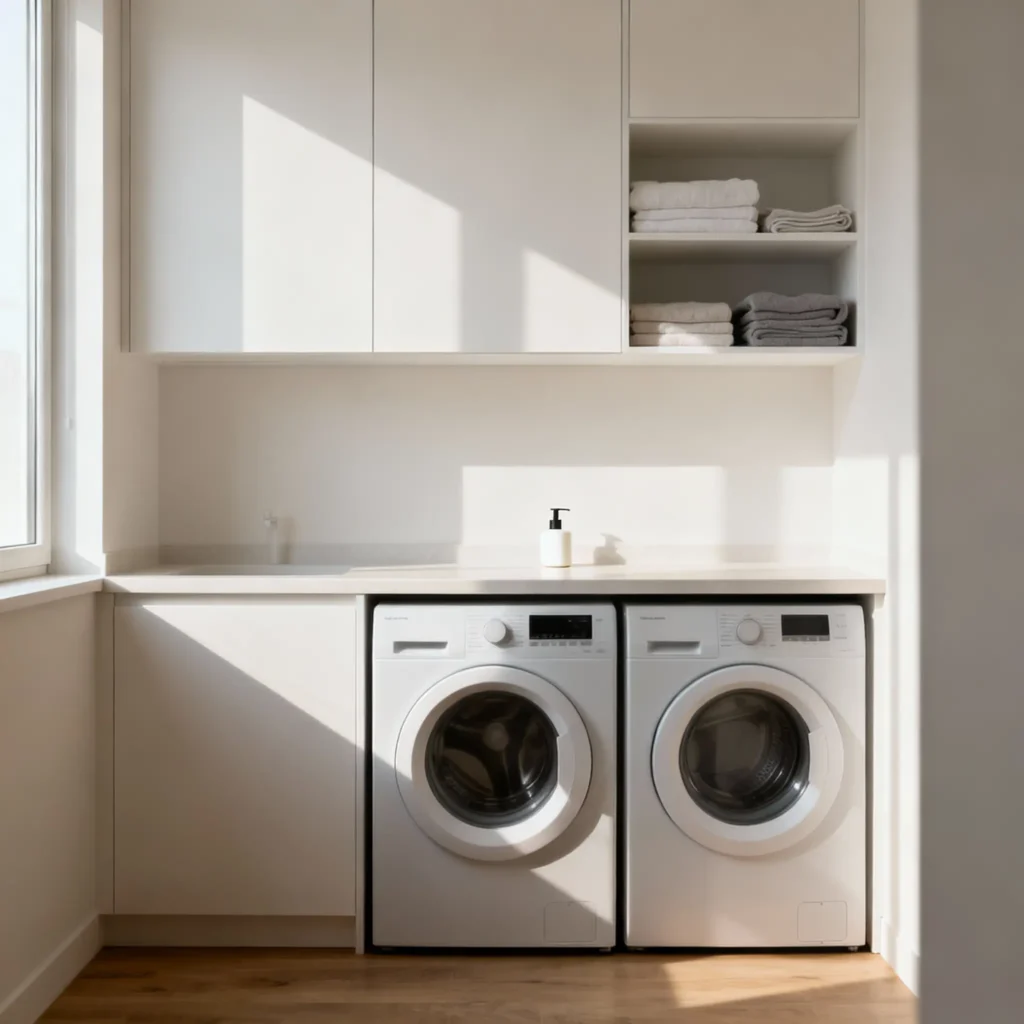 lavandería con estilo minimalista, mueble aéreo con gabinetes, lavadora y secadora con tabla de apoyo arriba.