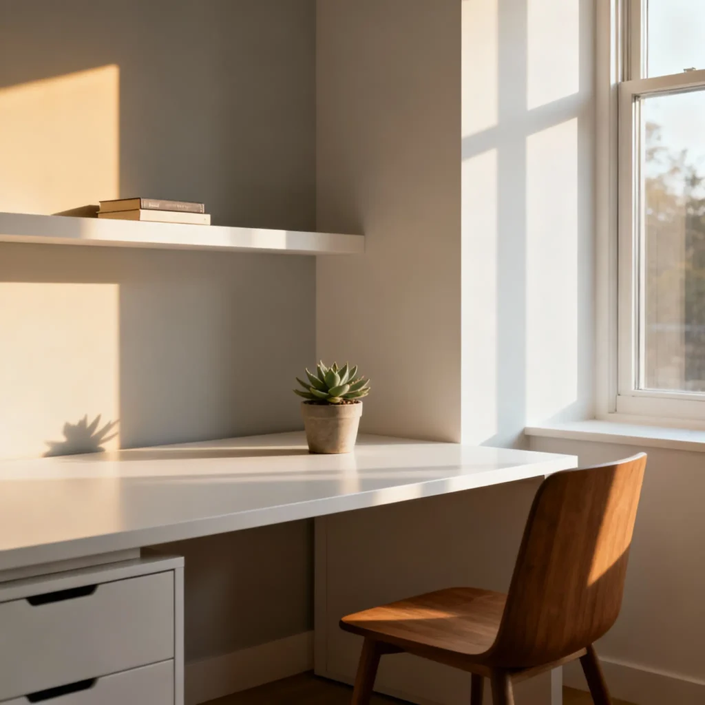 muebles minimalistas para oficina en casa con escritorio y silla ergonómica