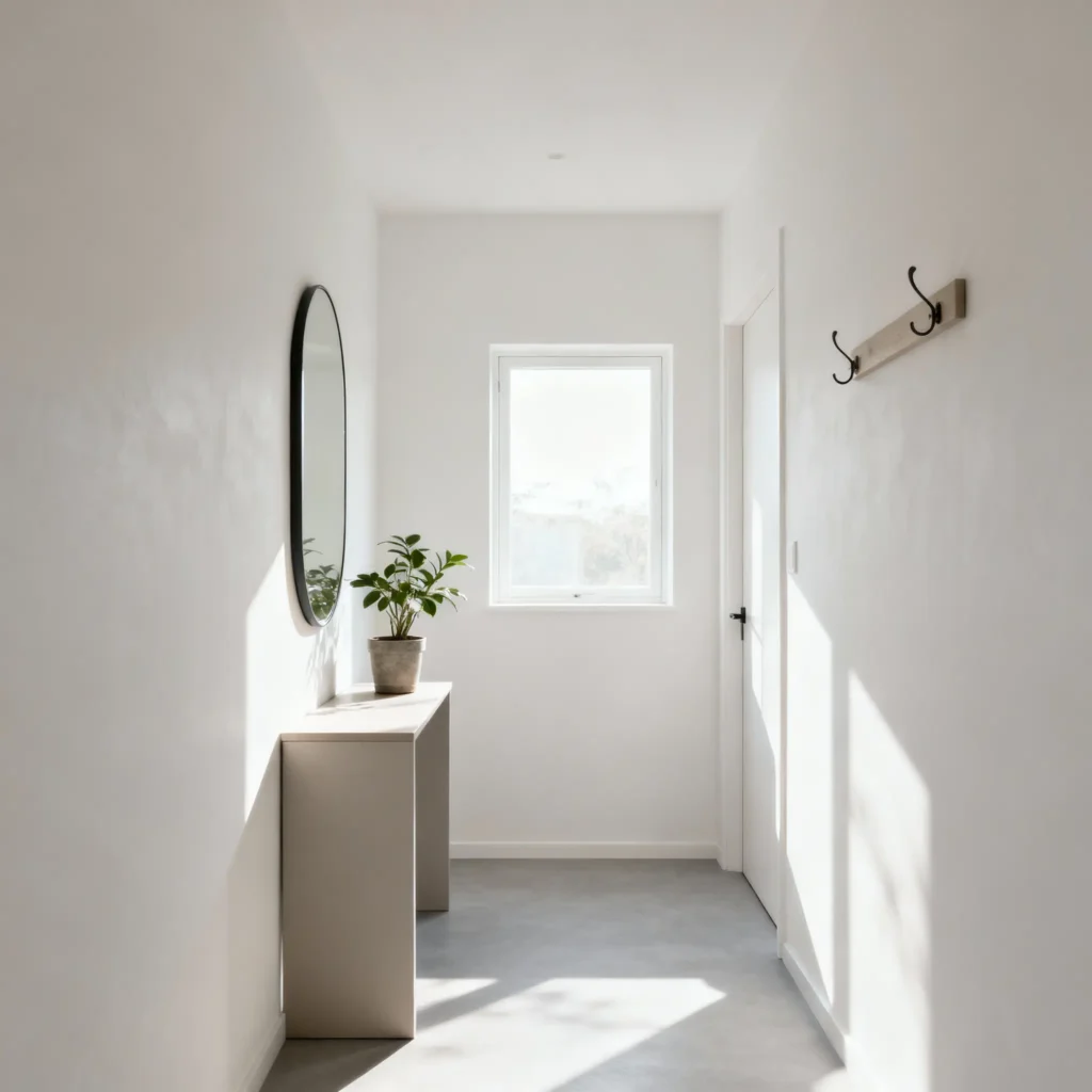 pasillo estrecho de apartamento, aprovechamiento de luz natural de ventana al final