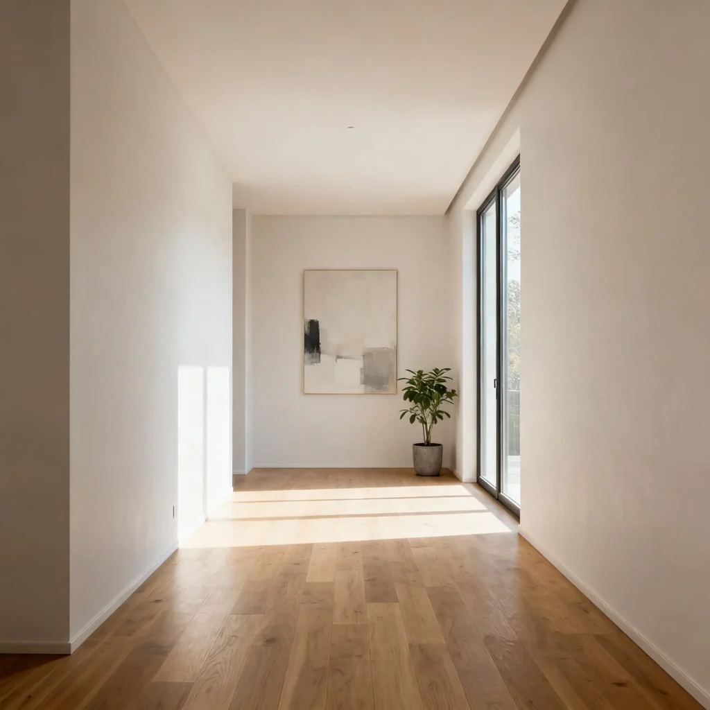 pasillo interior con cuadro minimalista de fondo y planta esquinada