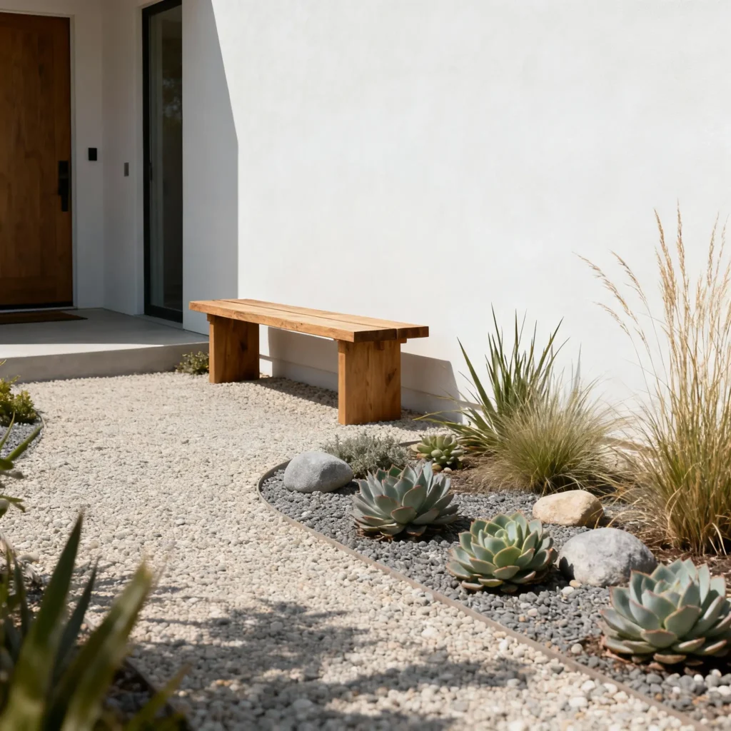 patio trasero con camino de piedras, plantas alrededor y banco para sentarse